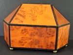 Vtg Hexagon Hinged Dome Burlwood Box Brass Feet Regency Style 9.75". Fixed Price $64.95.