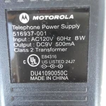 Motorola Telephone Power Supply 516937-001 DU41090050C Output 9VDC 500MA. Fixed Price $22.00.