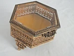 Filigree Ormolo Hexagon Beveled Glass Velvet Lined Feet Trinket Jewelry Box Vtg. Fixed Price $52.93.